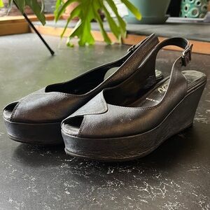Butter Steel Gray Metallic Peep-Toe Slingback Wedge Sandals